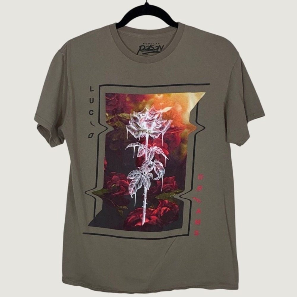 Popular Poison Lucid Dreams Rose Graphic‎ Tee Olive Green Grunge Top Size M